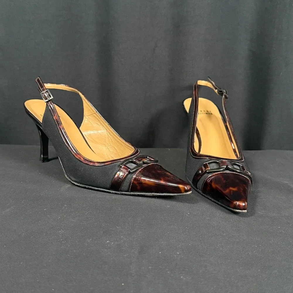 Stuart Weitzman Aspect Black Crepe Tortoiseshell Patent Leather Pumps Heels 8.5M